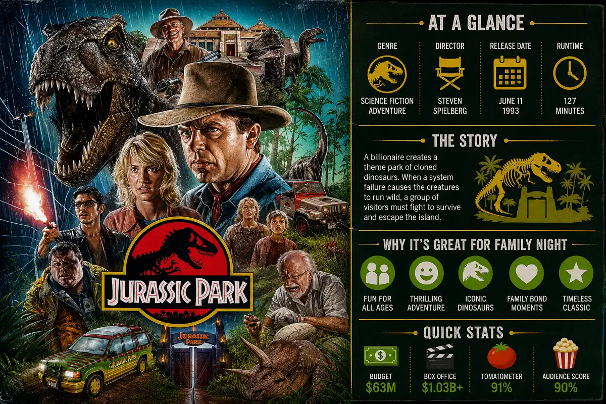Infographic featuring towering dinosaurs, adventurous explorers, and a prehistoric island with movie facts in a cinematic editorial layout.
