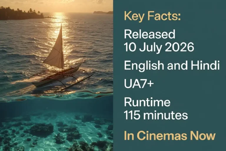 Latest Moana Films 2026 infographic showing release date, languages, and runtime beside an ocean voyage scene