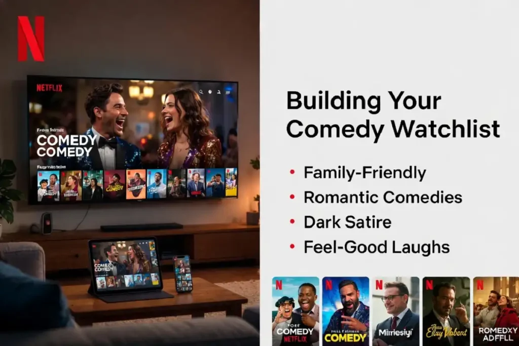 Multi-device streaming setup showing various options for watching best comedy movies on Netflix at home