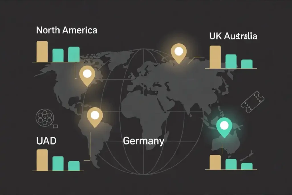 Infographic ranking the strongest markets for Bollywood films abroad including North America and the UK