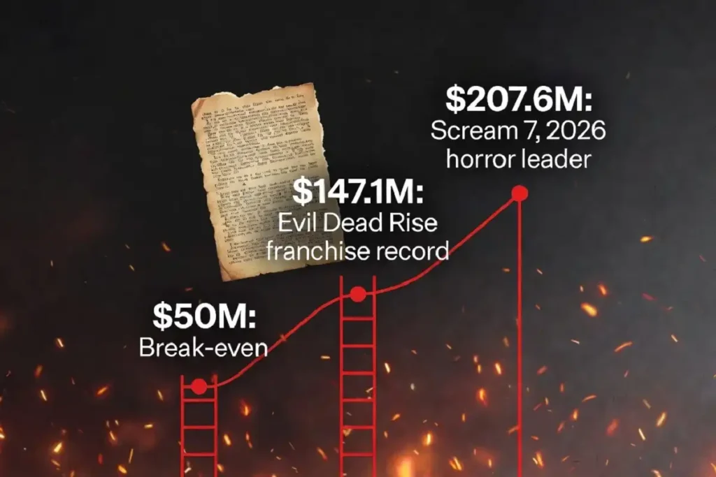 Infographic showing Evil Dead Burn worldwide box office targets including break-even, franchise record, and 2026 horror leader