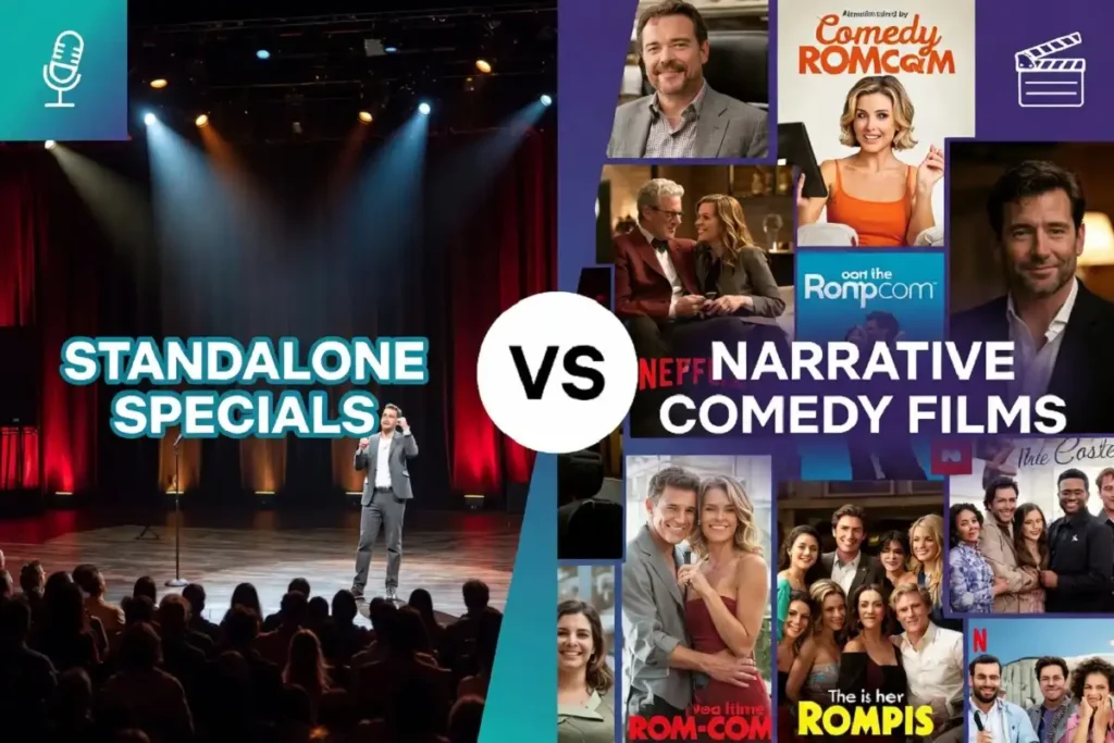 Comedy stage setup representing standalone comedy content versus narrative films on Netflix