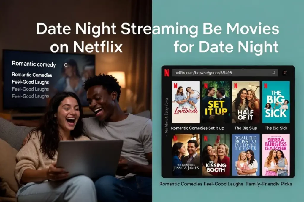 Modern couple laughing while browsing best comedy movies on Netflix for date night streaming