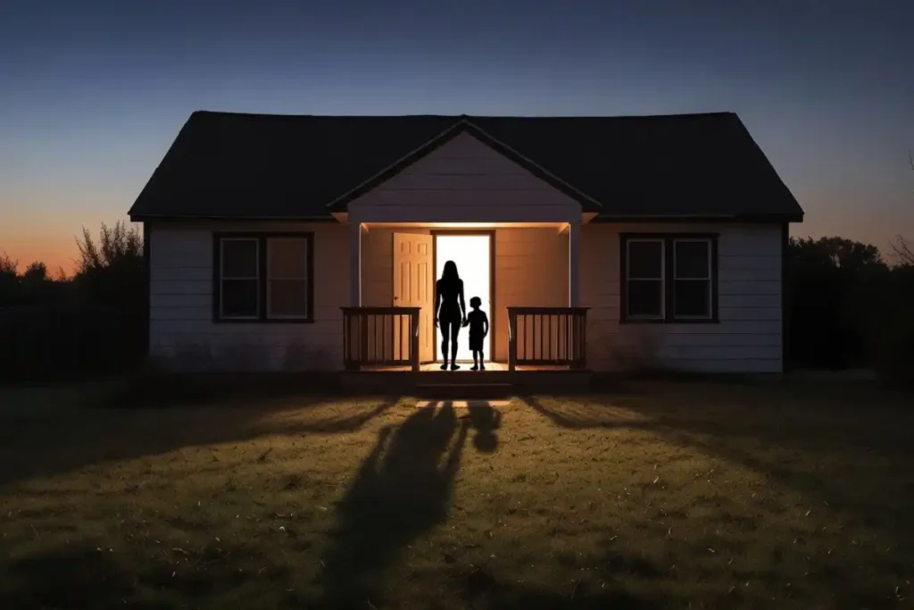 Skeletons horror thriller scene showing a mother and young boy in a shadowy family home doorway