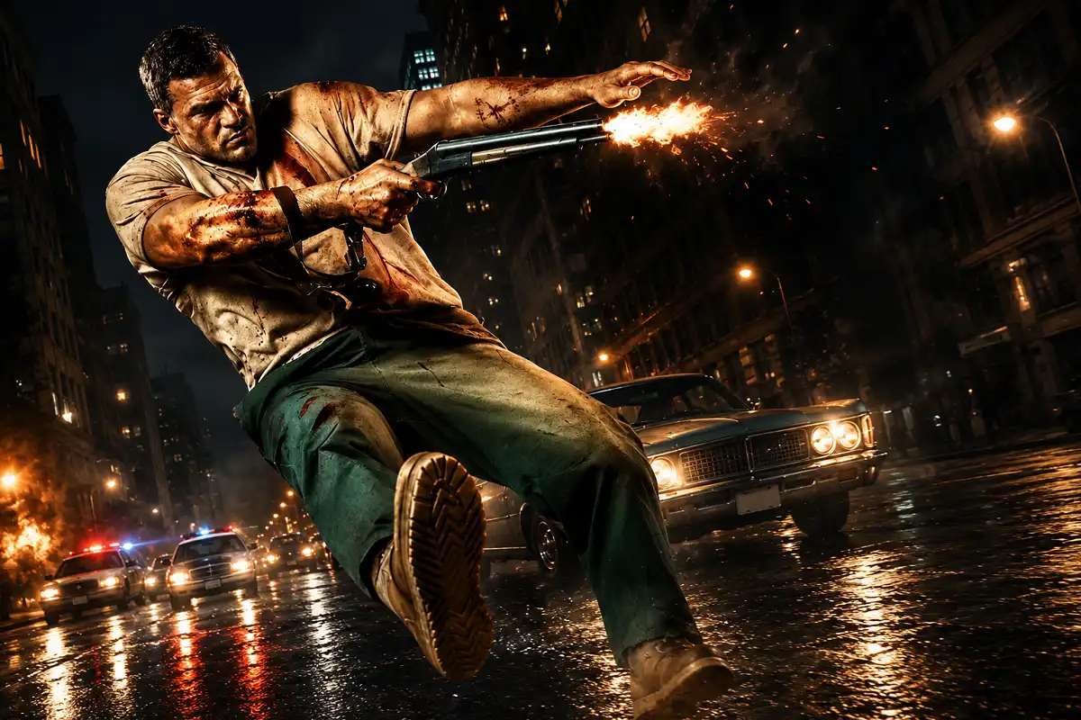 A rugged, battle-worn man fires a shotgun while sliding through a rain-soaked city street at night, surrounded by police cars, explosions, sparks, and cinematic urban chaos.