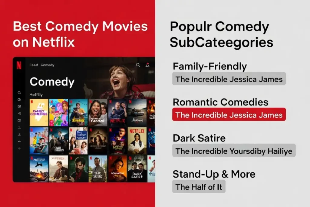 Netflix interface displaying best comedy movies on Netflix organized in Comedy category with multiple film options
