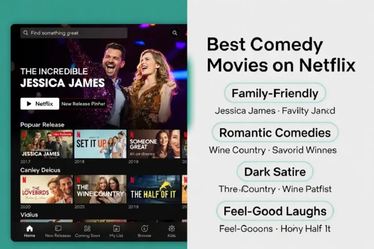 "Featured image showing best comedy movies on Netflix interface with family-friendly films, romantic comedies, and dark satire available for streaming"