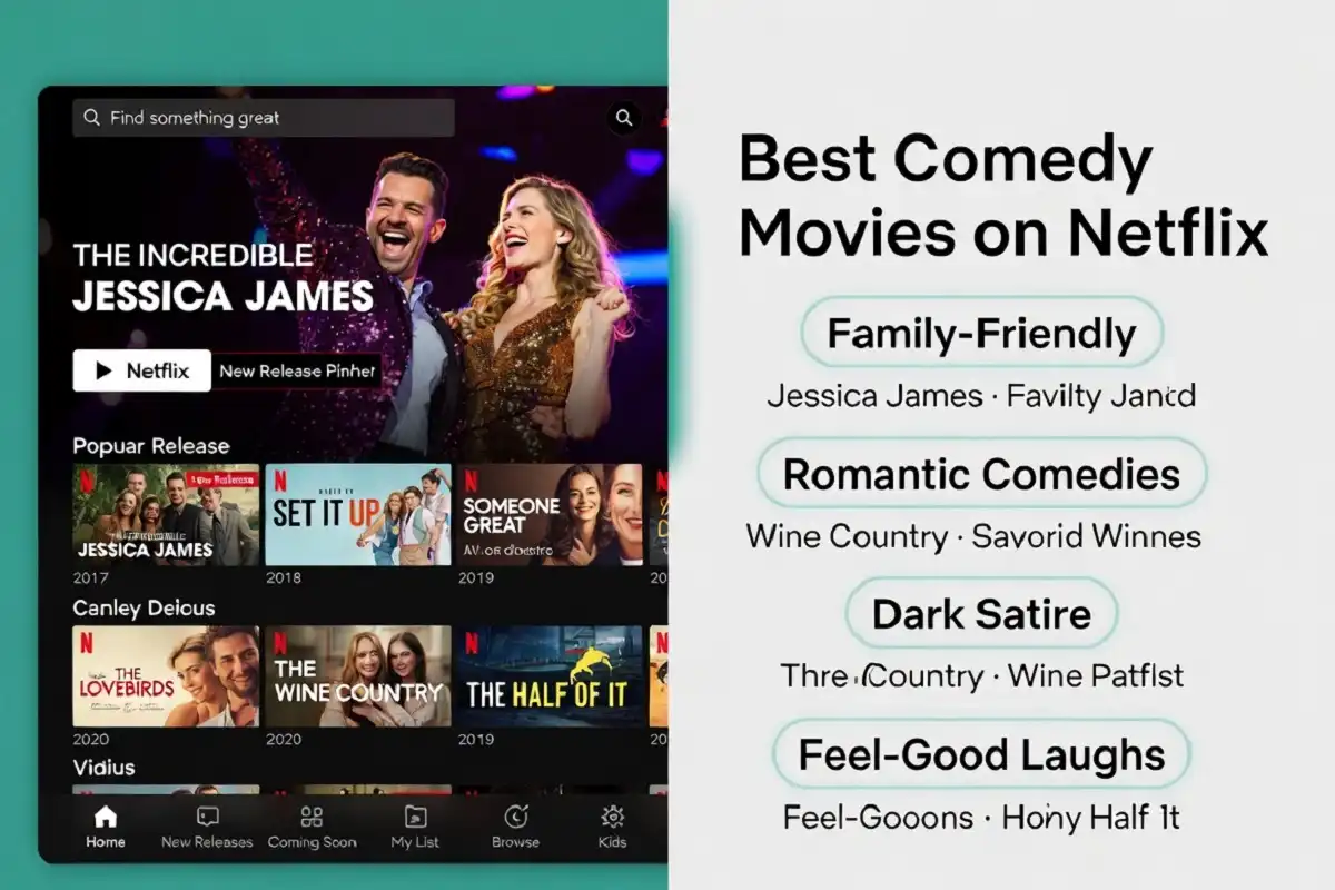 "Featured image showing best comedy movies on Netflix interface with family-friendly films, romantic comedies, and dark satire available for streaming"