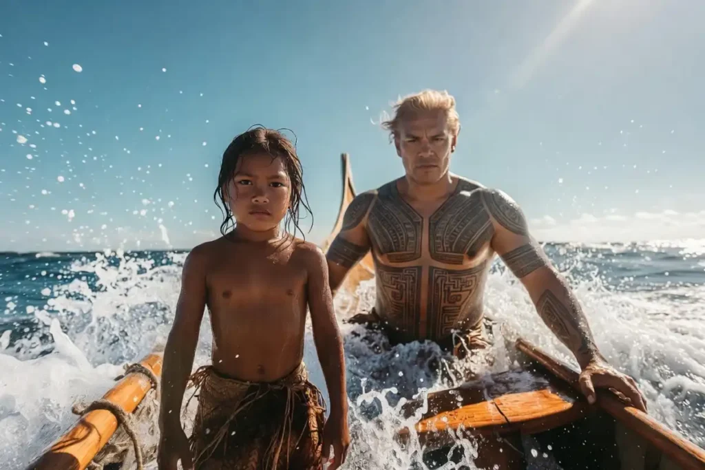 Latest Moana Films cast scene showing a young voyager and a demigod on an ocean canoe
