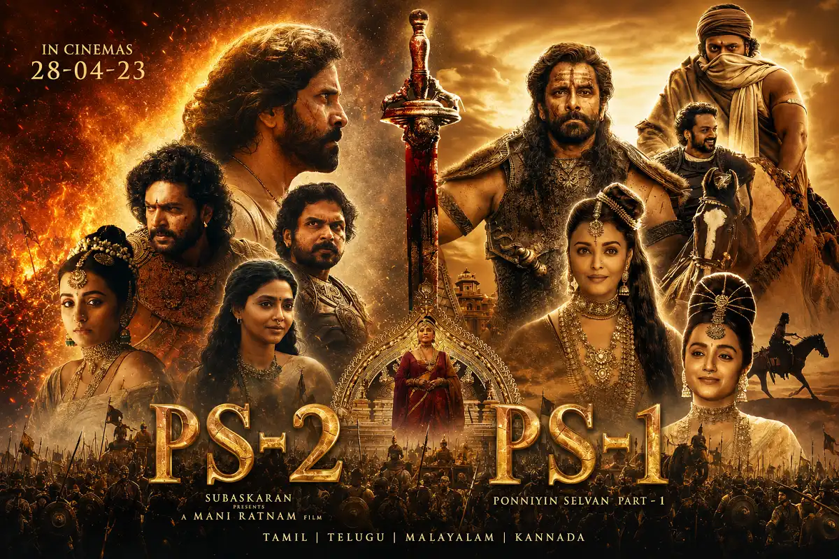 Collage combining two Ponniyin Selvan movie posters featuring royal characters, warriors, a central sword, palace architecture, and an epic historical battle theme.