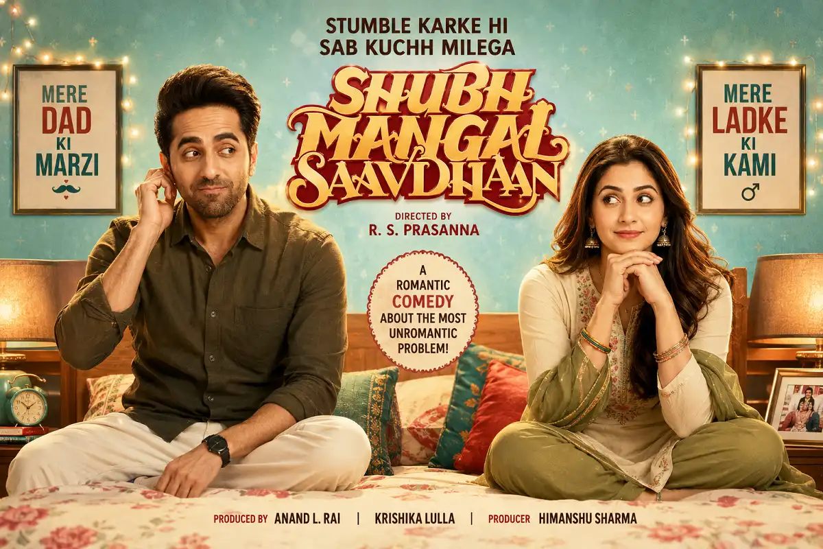 Infographic inspired by Shubh Mangal Saavdhan featuring a young Indian couple, romance, comedy, and relationship challenges in a colorful cinematic style.