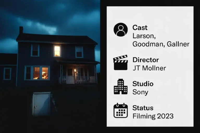 Skeletons horror thriller infographic showing cast, director, and 2026 filming status beside a dark house scene