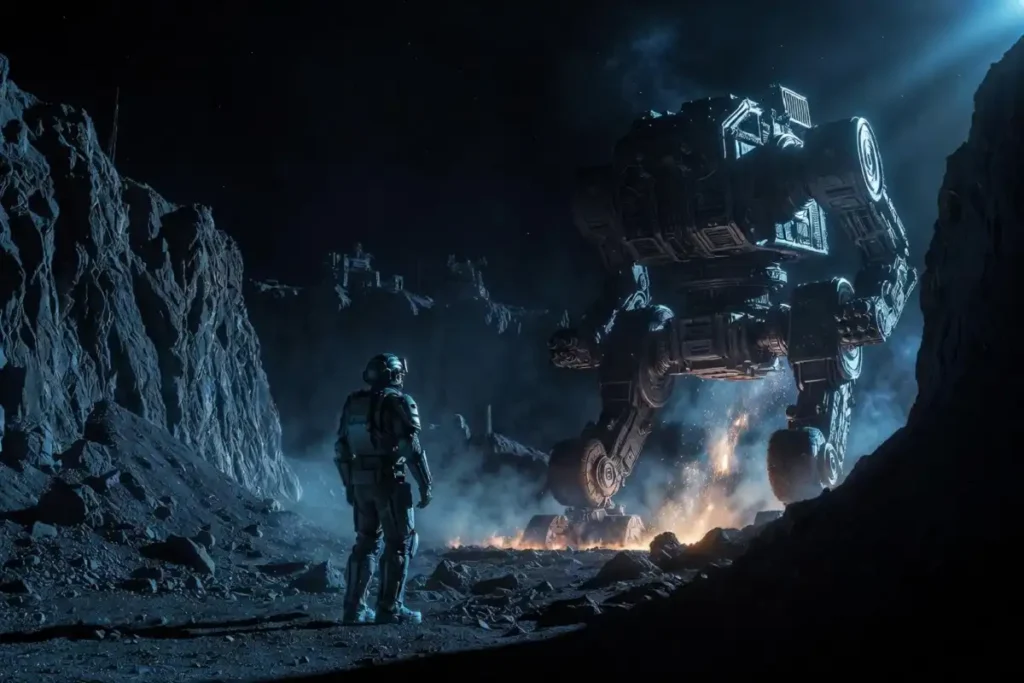 Best action movies of 2026 still showing a soldier confronting a giant robot in War Machine