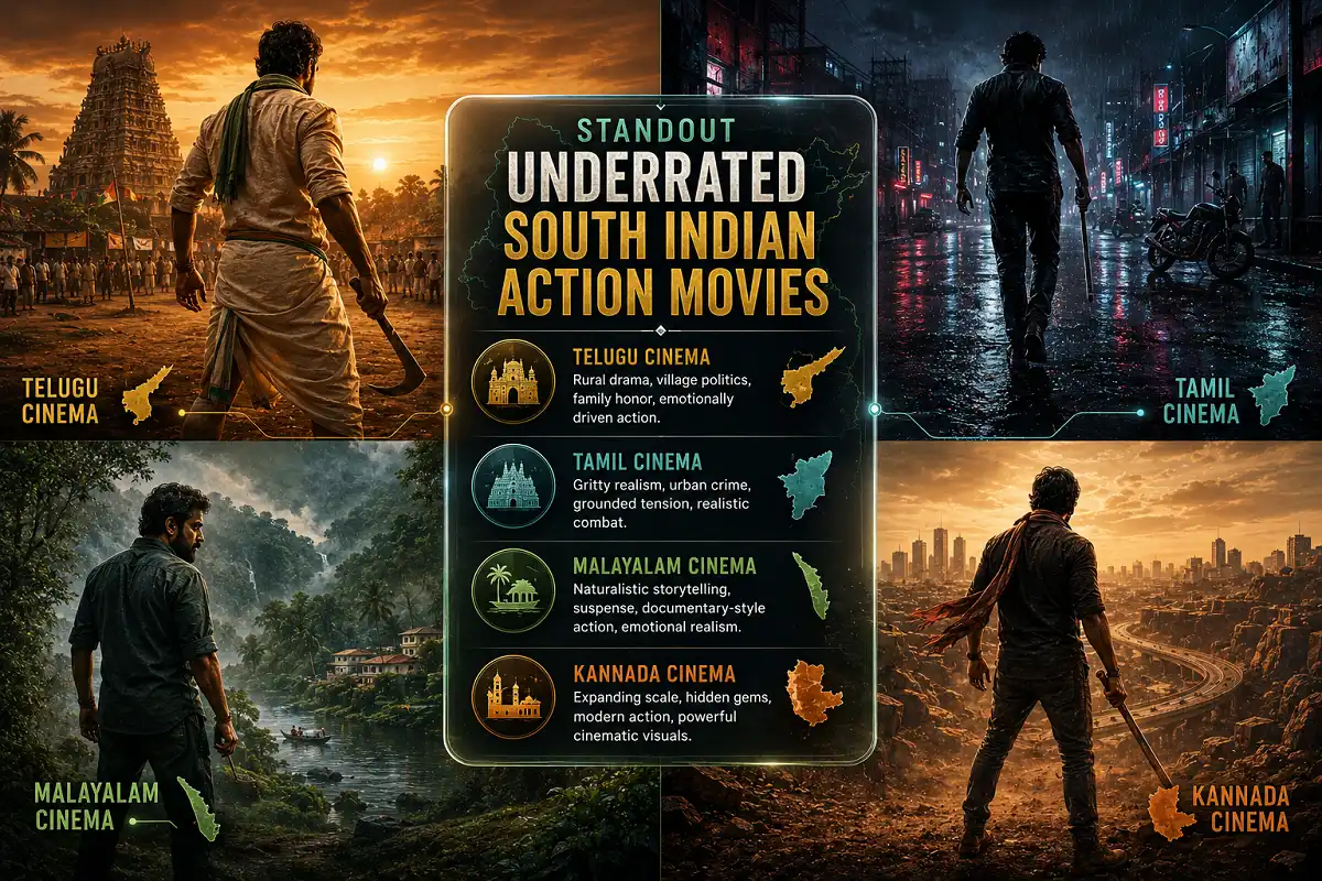 Landscape infographic comparing Telugu, Tamil, Malayalam, and Kannada action cinema with original fictional heroes, regional settings, and key characteristics of underrated South Indian action movies in a cinematic editorial design.