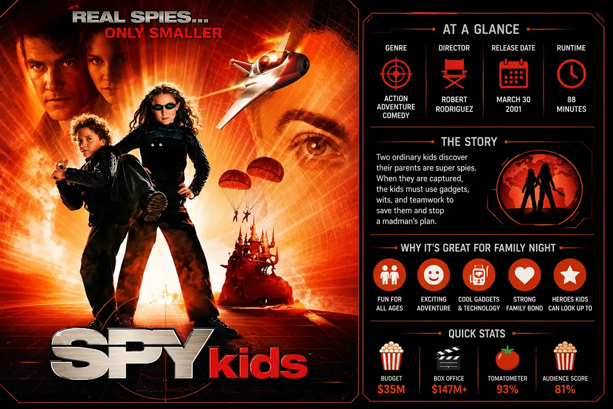 Infographic featuring two young secret agents, high-tech gadgets, and family-friendly adventure icons in a bold action-themed layout.