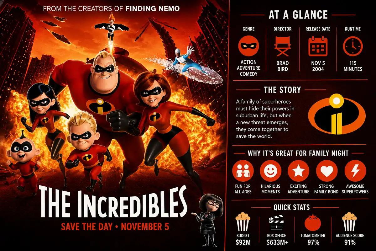 Infographic featuring an animated superhero family in action with colorful icons and movie facts on a fiery city background.