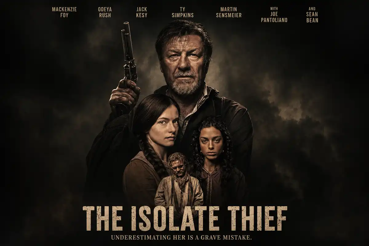 A gritty cinematic portrait of four determined survivors led by an older man holding a revolver, with two young women and a solemn figure in the foreground against a dark, smoky background, creating a tense thriller atmosphere.