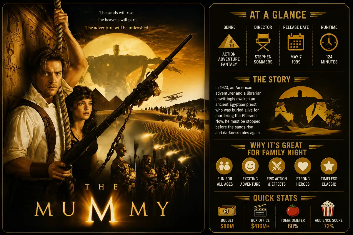 Infographic featuring daring explorers, an ancient Egyptian curse, pyramids, and desert action in a cinematic editorial layout.