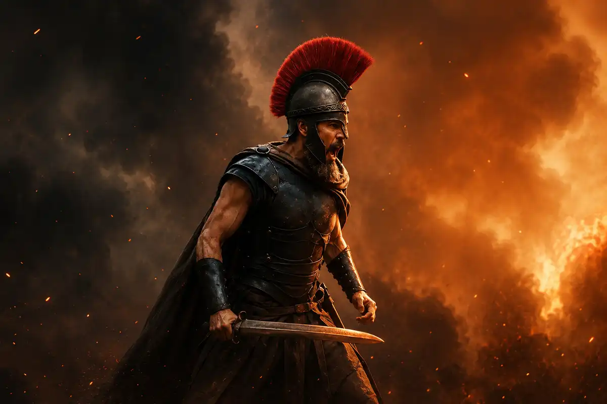 A fierce ancient warrior wearing a crested bronze helmet and dark armor stands on a fiery battlefield, gripping a sword as smoke, flames, and glowing embers fill the dramatic cinematic background.