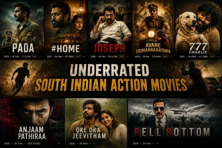 collage featuring posters for Pada, Home, Joseph, Avane Srimannarayana, 777 Charlie, Anjaam Pathiraa, Oke Oka Jeevitham, and Bell Bottom with the title “Underrated South Indian Action Movies.”