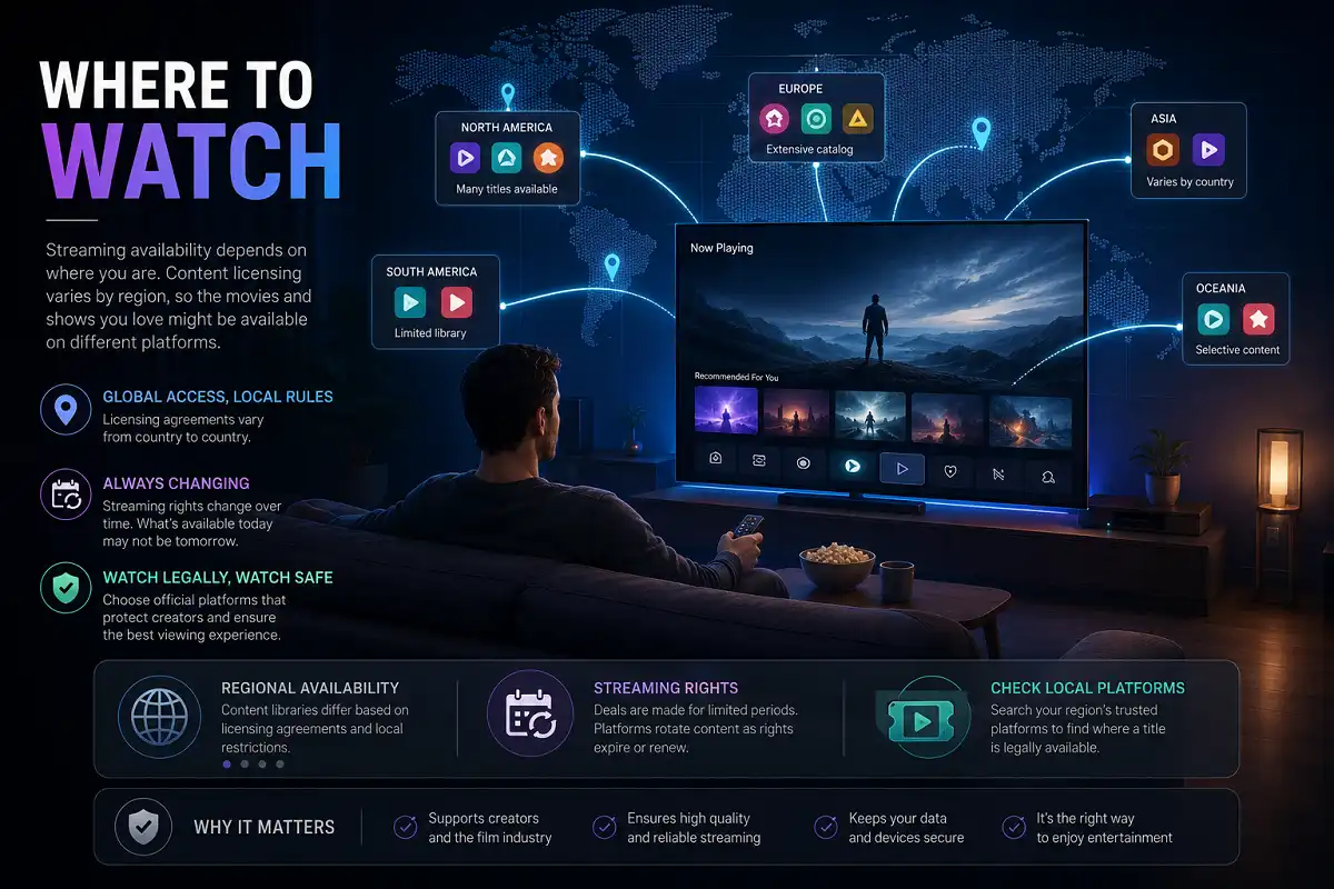 Cinematic infographic showing a person watching a smart TV with a world map, regional streaming availability, licensing, legal viewing, and entertainment guide icons.