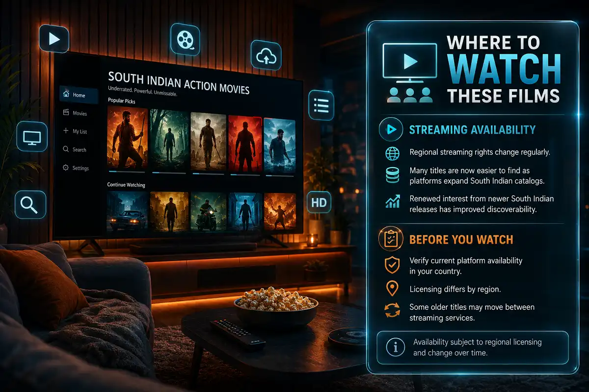 A cinematic infographic showing a modern home streaming setup beside an information panel explaining how to find underrated South Indian action movies and reminding viewers that streaming availability varies by region and licensing.