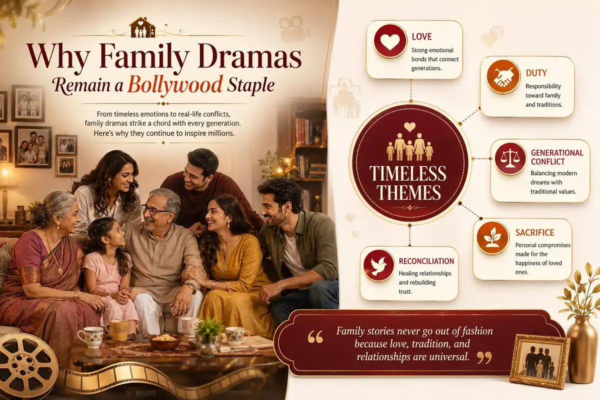 Infographic illustrating why Bollywood family drama movies remain timeless, highlighting love, duty, generational conflict, sacrifice, reconciliation, and strong family relationships with original multi-generational family artwork in a warm cinematic style.