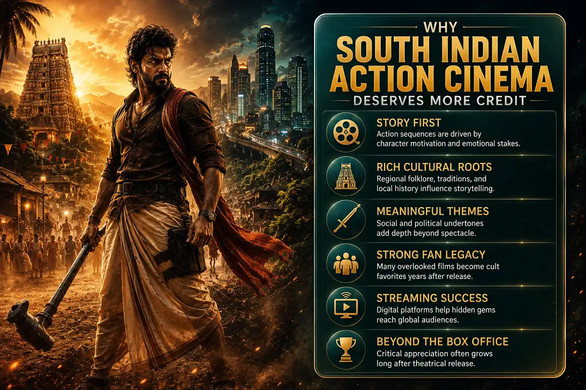 A cinematic infographic showing an original South Indian action hero beside a modern editorial panel explaining how storytelling, folklore, cultural themes, and streaming platforms have helped South Indian action films earn lasting global appreciation.