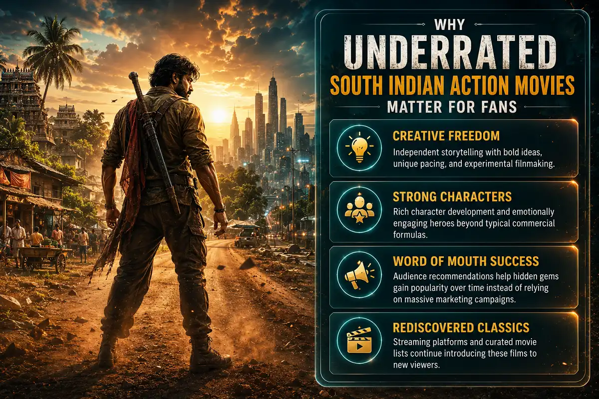 Landscape cinematic infographic showing an original South Indian action hero beside an information panel explaining creative storytelling, strong characters, word of mouth success, and rediscovery of underrated South Indian action movies.