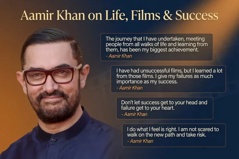 Editorial illustration representing Aamir Khan's quotes on life, films, and success