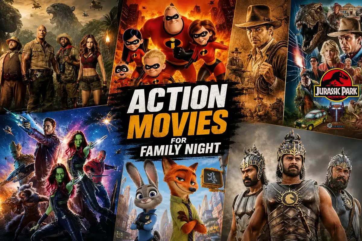 Family silhouette watching an adventure landscape, representing top action movies for family night