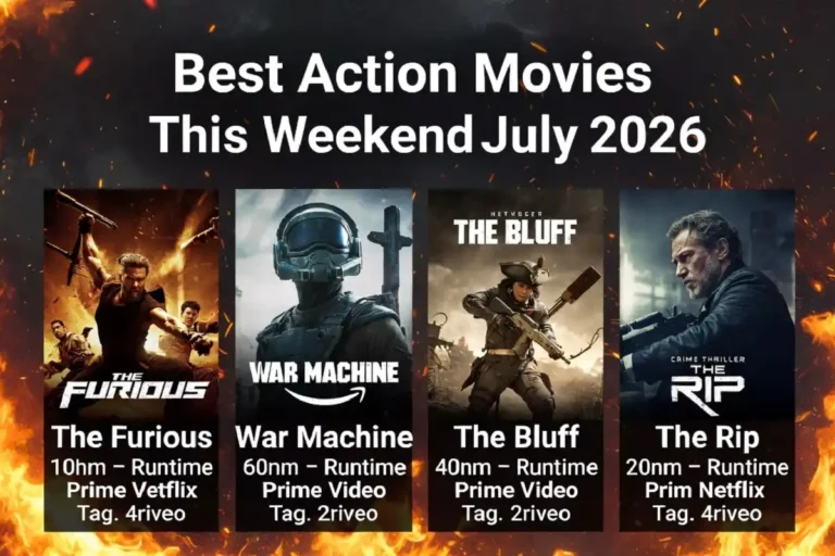 Infographic featuring the best action movies to watch this weekend with streaming platforms and runtimes