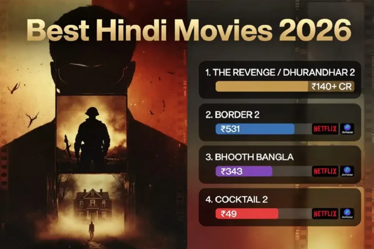 Infographic showing the best Hindi movies 2026 ranked by box office with legal streaming platform icons