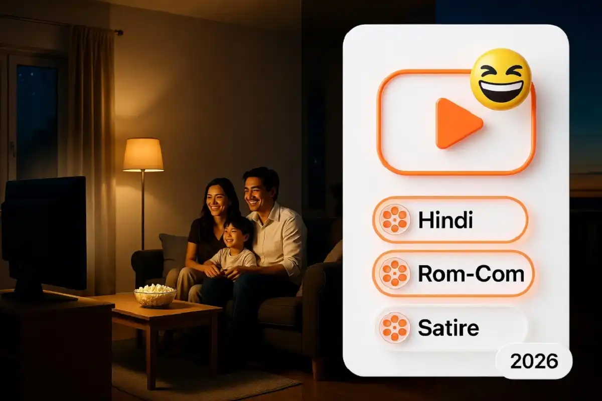 Guide to the best Prime Video comedy movies in 2026 showing a family streaming a comedy film and genre icons