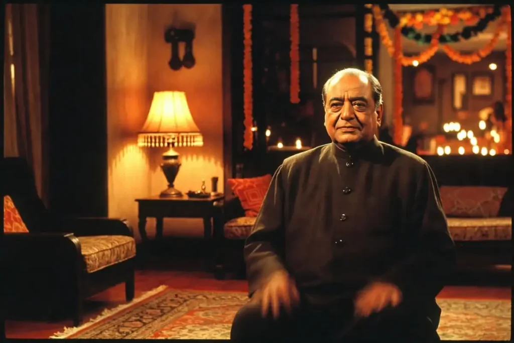 Scene evoking Alok Nath's classic Bollywood father-figure roles from the 1990s