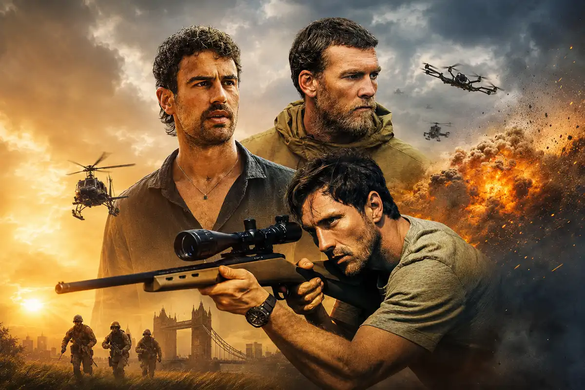 An original elite sniper aims through a precision rifle while two tactical teammates stand behind him amid explosions, drones, helicopters, and a smoke-filled urban battlefield in a cinematic action scene.