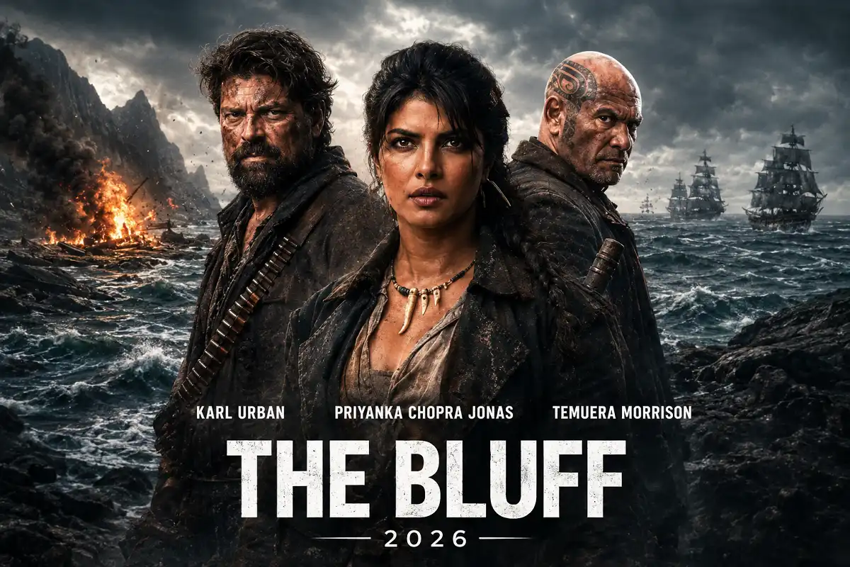 Three original pirate adventurers stand on a stormy coastline with rough seas, distant sailing ships, and fiery explosions, creating a dramatic cinematic action-adventure scene.