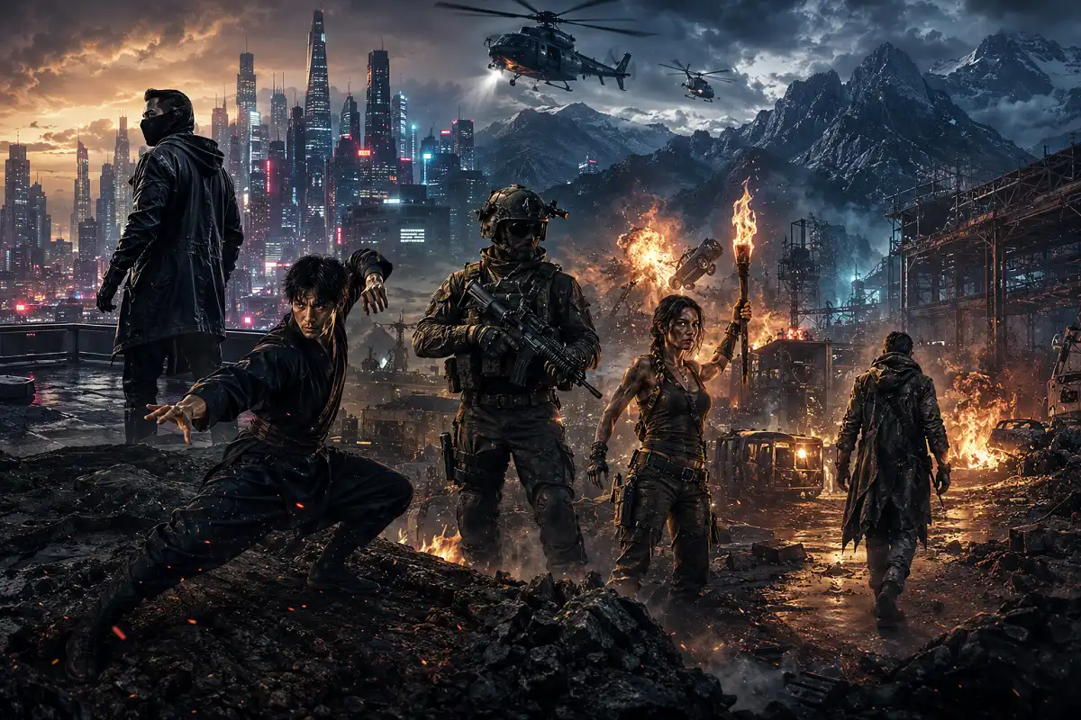 Cinematic editorial artwork featuring original action heroes against futuristic cityscapes, explosions, helicopters, and dramatic battle environments representing the biggest upcoming action movies of late 2026.