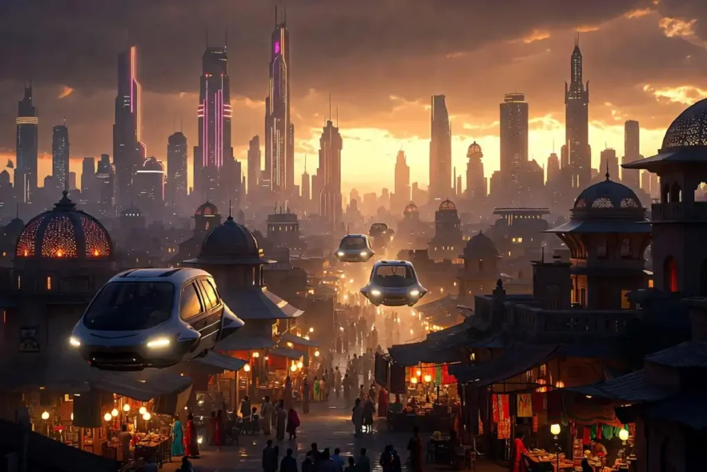 Futuristic Indian cityscape artwork illustrating Indian entries among the best sci-fi movies streaming on OTT
