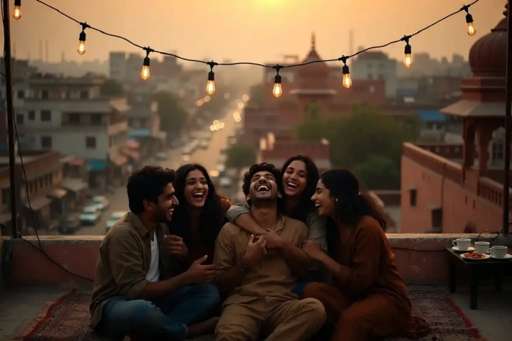 Friends laughing together in a scene evoking Hindi comedy movies on Prime Video