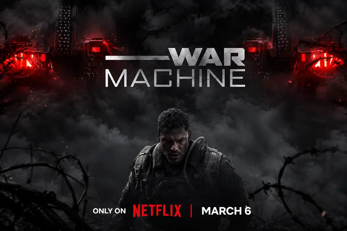 A lone tactical soldier stands in a dark smoke-filled battlefield with glowing red industrial lights, barbed wire, and a gritty cinematic war atmosphere.