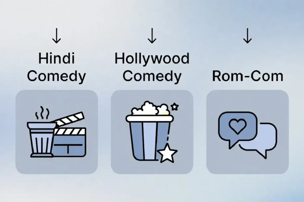 Infographic sorting Prime Video comedy movies into Hindi, Hollywood and rom-com categories