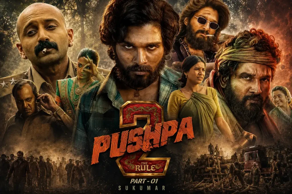 Cinematic collage featuring artwork inspired by the Pushpa film franchise with layered characters, warm earthy tones, and a dramatic action atmosphere.