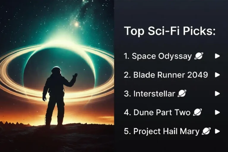 Infographic answering which are the best sci-fi movies, ranking Interstellar, Dune Part Two, and Project Hail Mary beside a cinematic astronaut scene