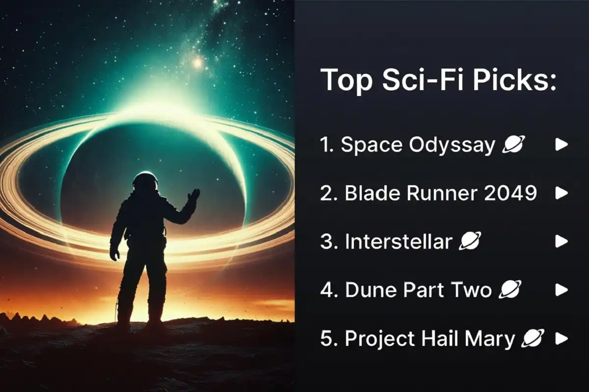 Infographic answering which are the best sci-fi movies, ranking Interstellar, Dune Part Two, and Project Hail Mary beside a cinematic astronaut scene