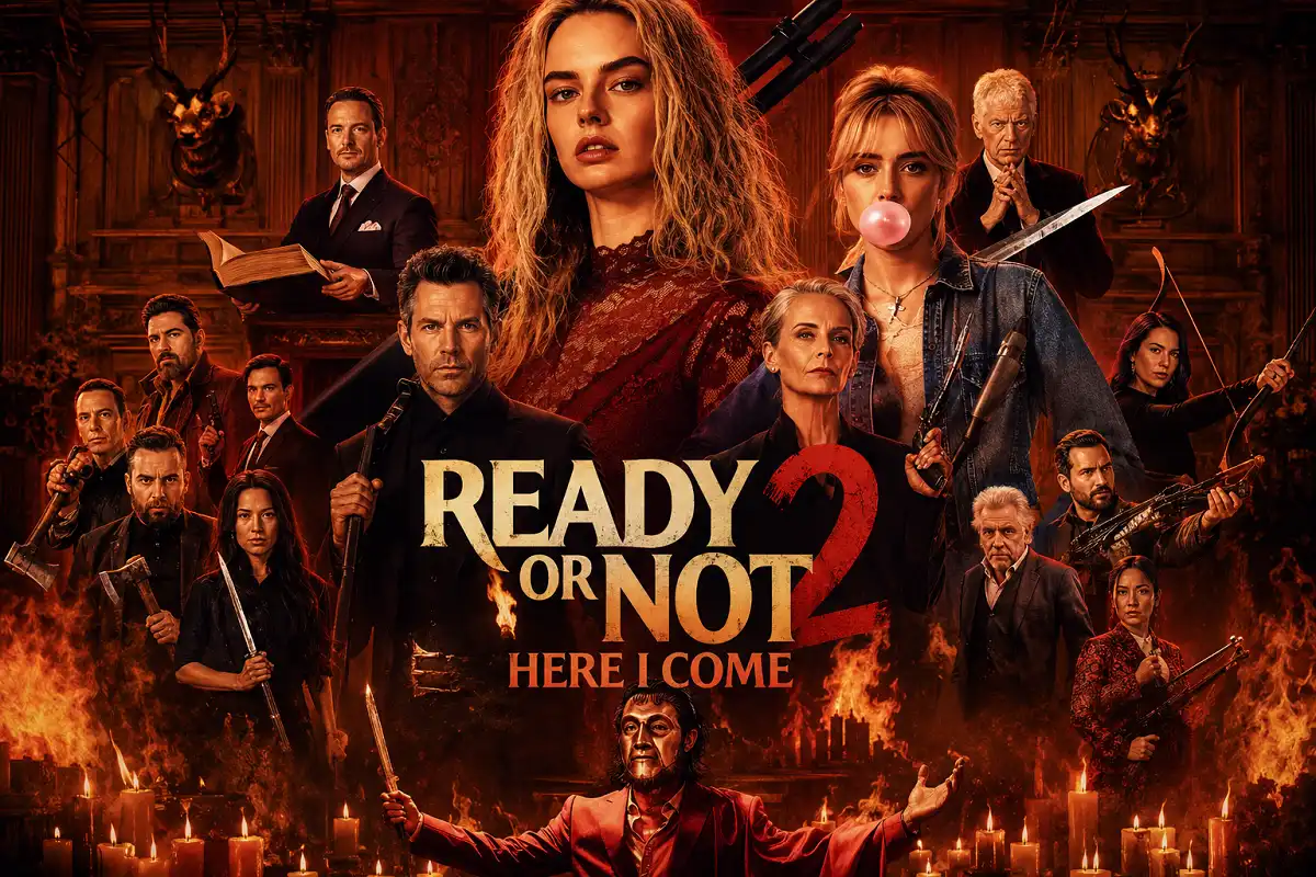 An original ensemble of determined survivors faces deadly threats inside a gothic mansion filled with candles, antique décor, and hidden danger in a dramatic cinematic thriller scene.