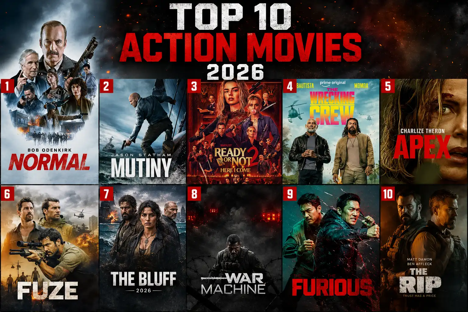 Cinematic collage featuring original action heroes inspired by the top action movies 2026 with explosions, city streets, tactical combat, pirate adventure, and dramatic blockbuster scenery.