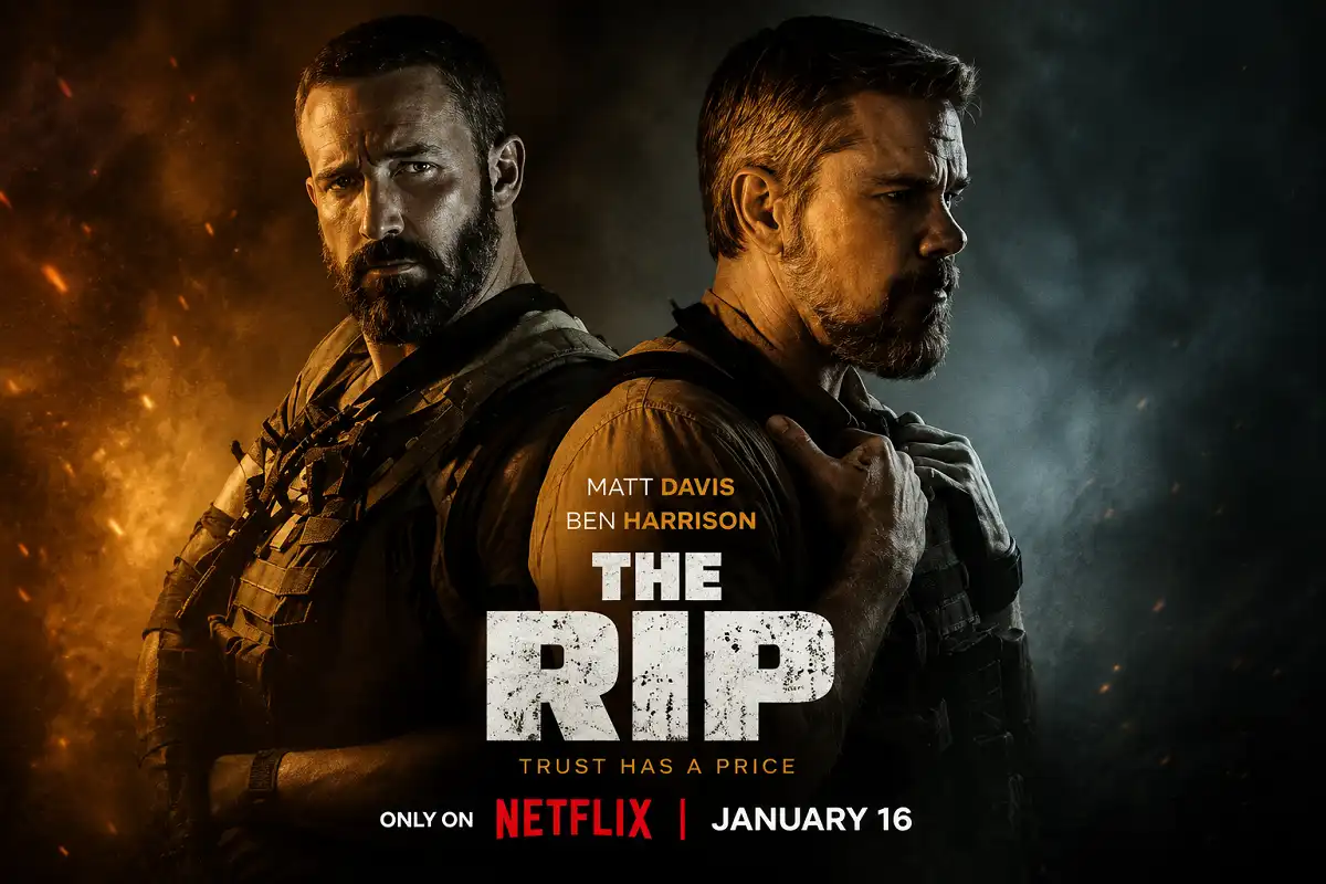 Two original tactical operatives stand back to back under dramatic orange and blue cinematic lighting, wearing tactical vests with serious expressions against a smoky action-thriller background.