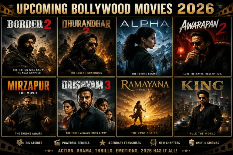 Illustration representing the lineup of upcoming Bollywood movies 2026 with a glowing theater marquee at dusk