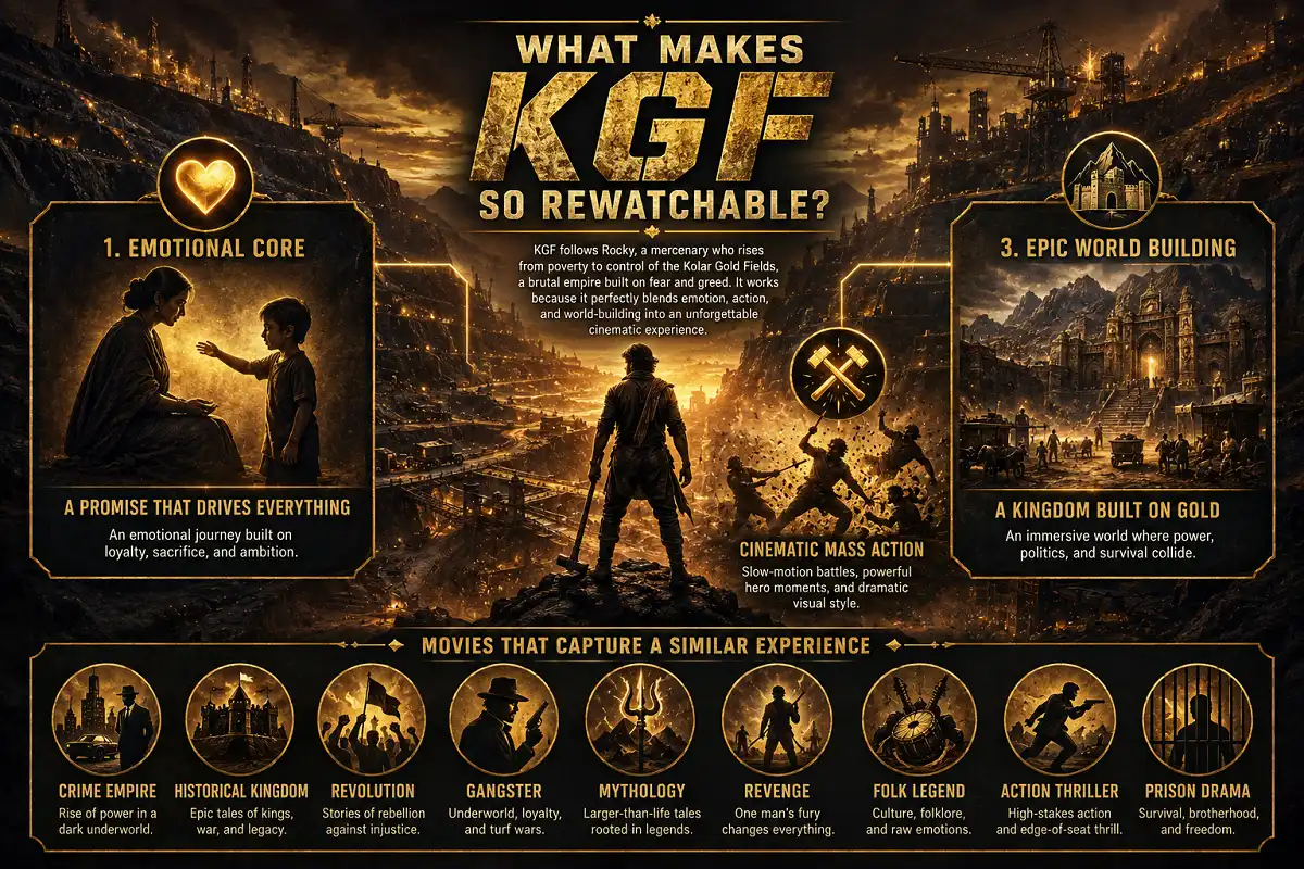 A cinematic 3:2 infographic explaining why KGF is so rewatchable, featuring an original fictional hero overlooking a vast gold mine with sections highlighting emotional storytelling, stylish action, epic world building, and icons representing similar blockbuster movie experiences.